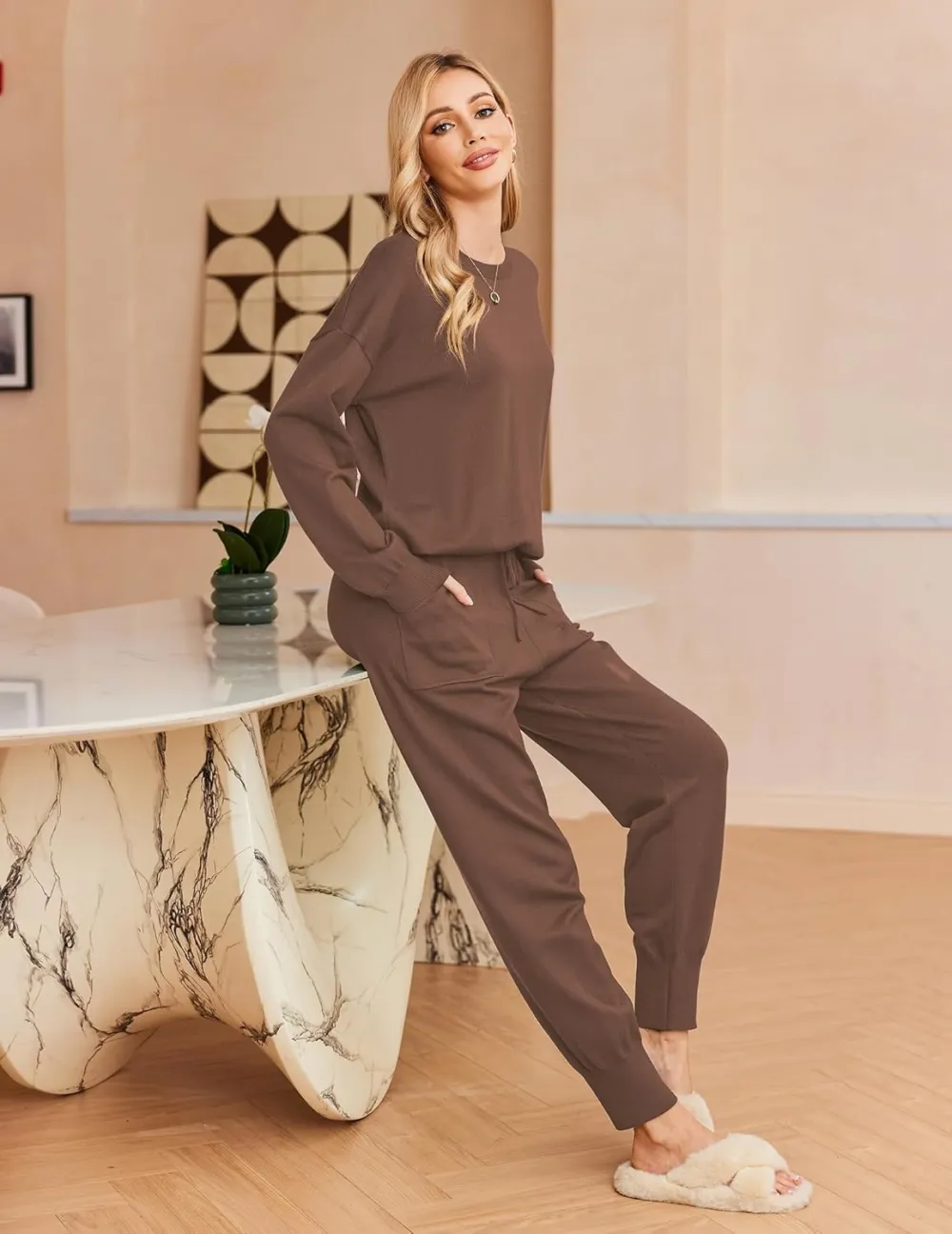 Women's Long Sleeve Knit Loungewear Set Jogger Pants Outfit