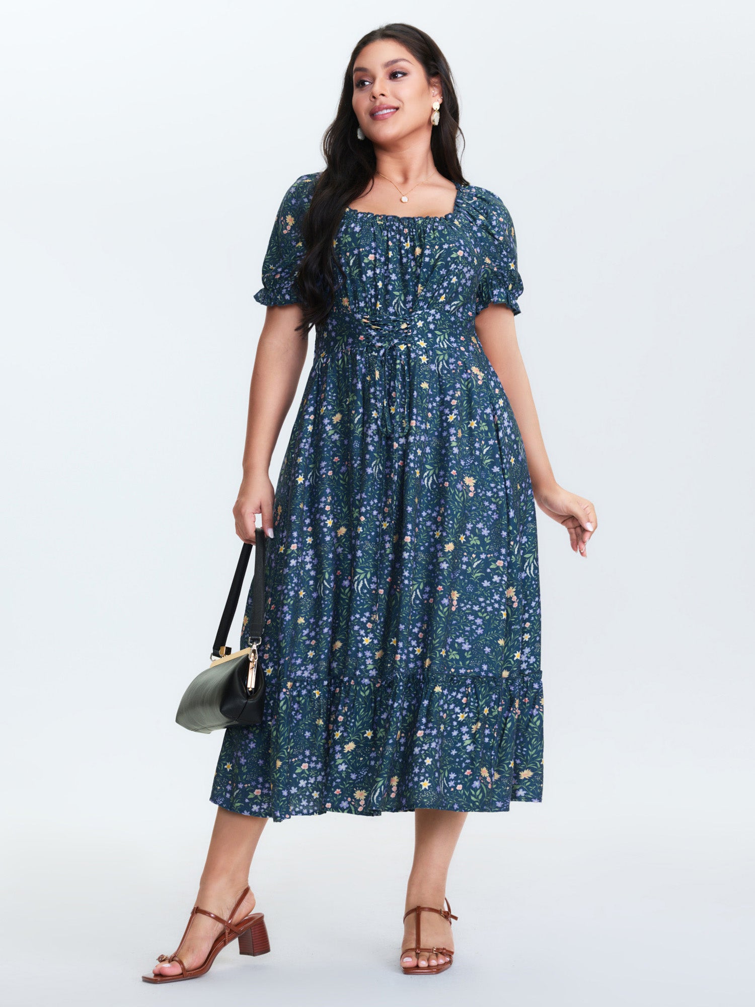 Floral Print Puffy Sleeve Cinched-Waist Midi Dress