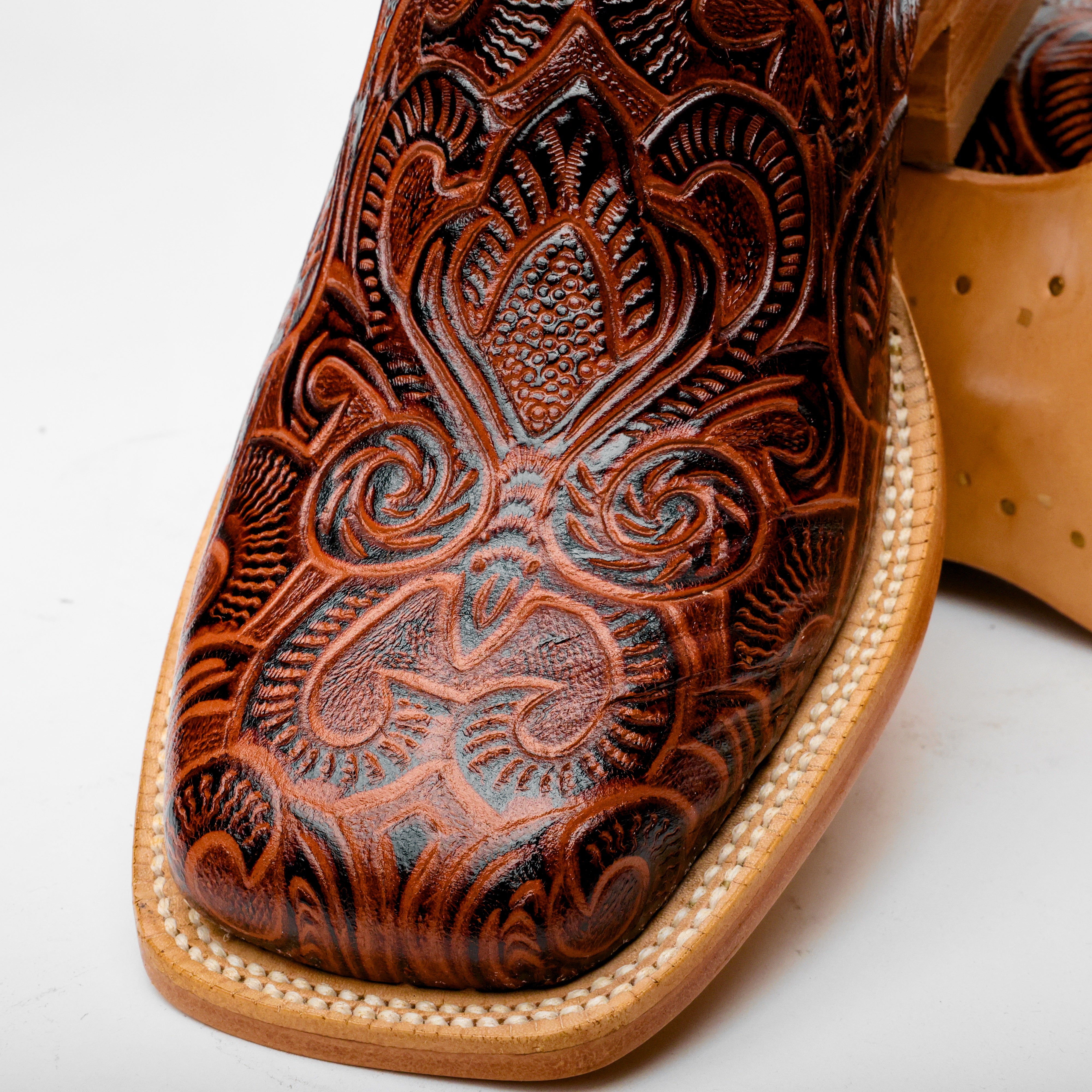 Cognac Hand-Tooled Boots - Square Toe