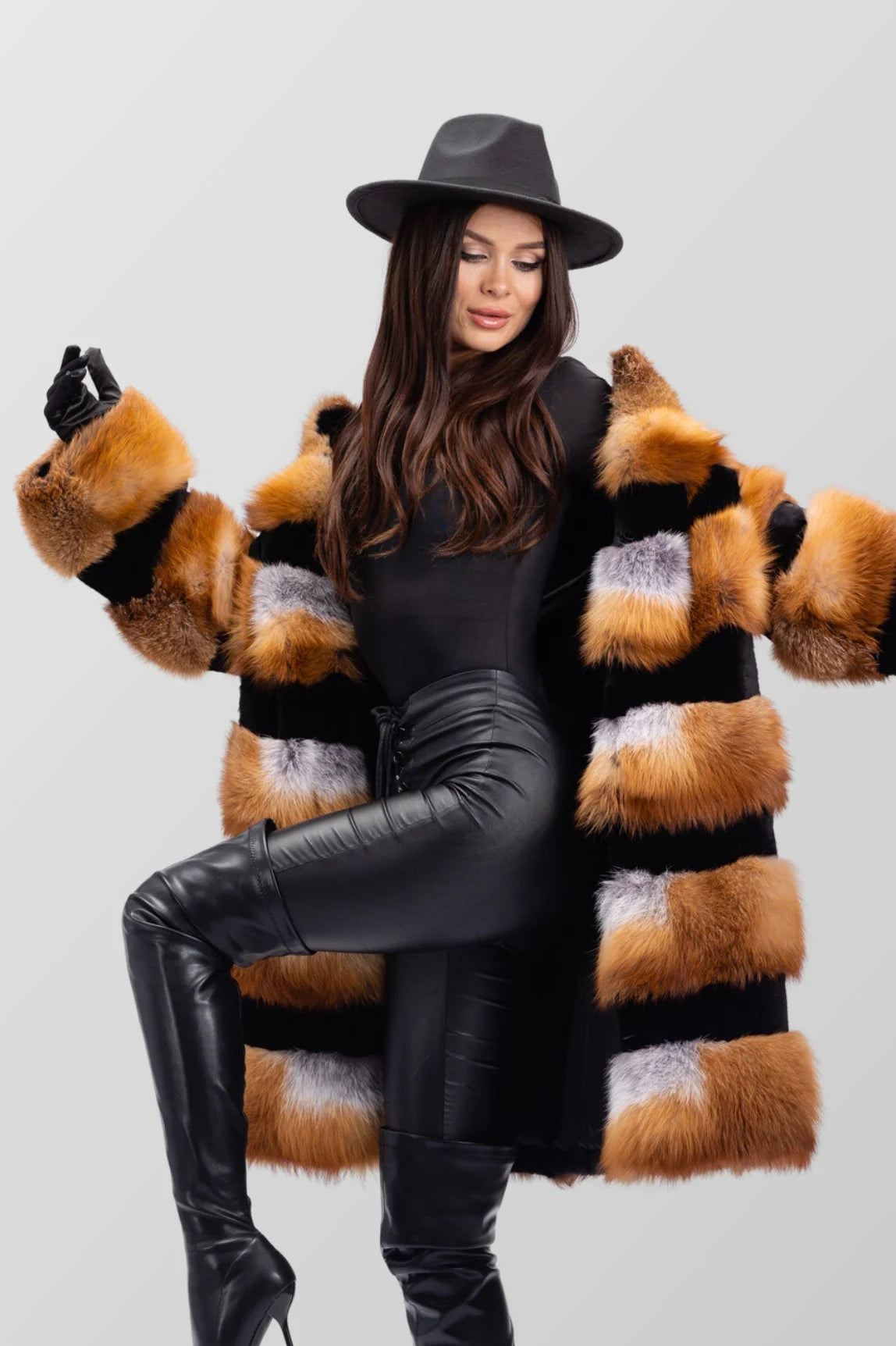 Haină din Blană Naturală de Vulpe Canadiană, Transformabilă, Femei, Brown Frost 245