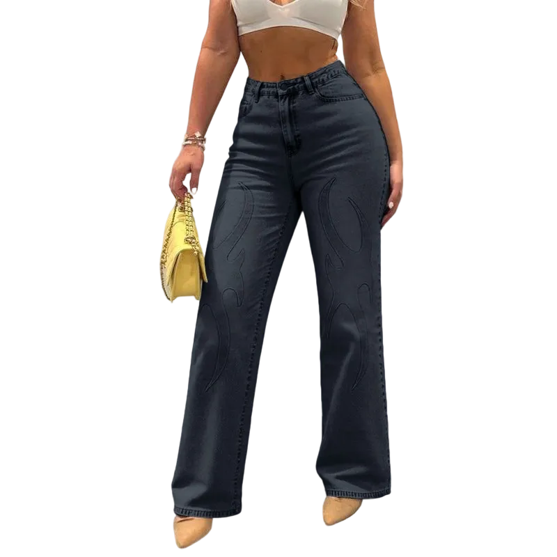 Y2K streetwear inspiration, women's embossed flame pattern jeans