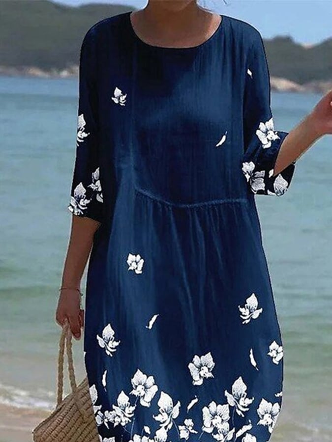 Women's Casual  Round Neck Mid Sleeve Print Cotton and Linen Dress- Fast Shipping
