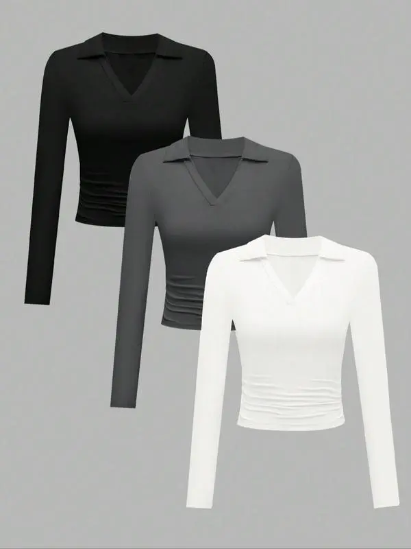 Knit Solid Color Long Sleeve V Neck Slim