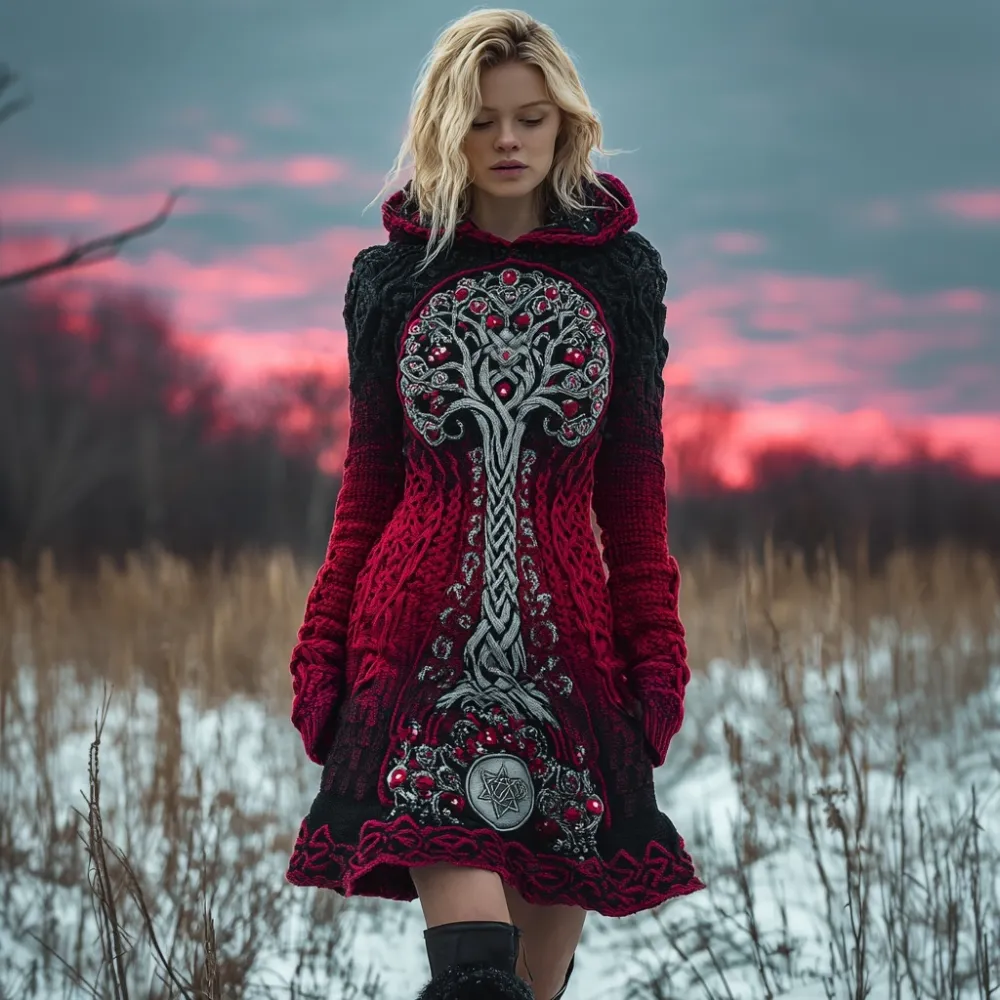Viking Tree Of Life Pattern Gradient Hooded Sweater Dress