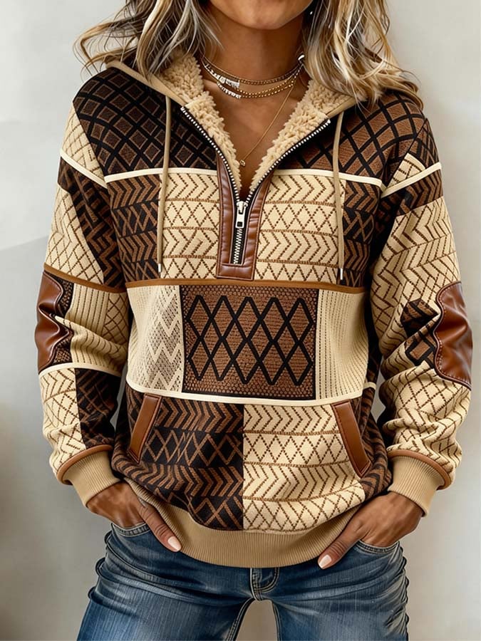 Women'S Casual Color-Block Printed Patchwork Pullover Sweatshirt