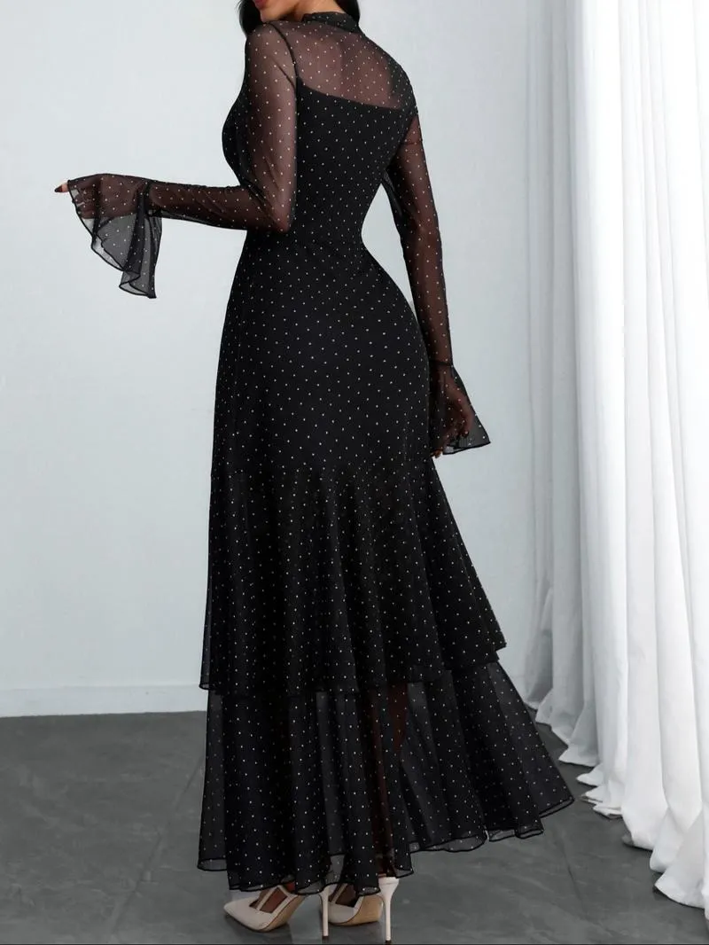 Women's Romantic Polka Dot Split Mesh Patchwork Layered Elegant Flared Skirt Dress