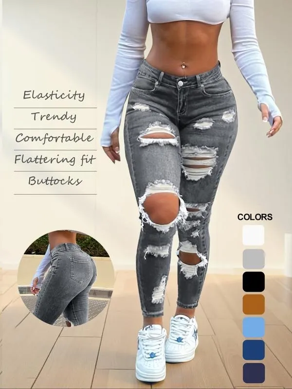 Women's High Waist Ripped Skinny Jeans with Butt Lifting Design, Elastic Denim for Valentine's Day Fashion