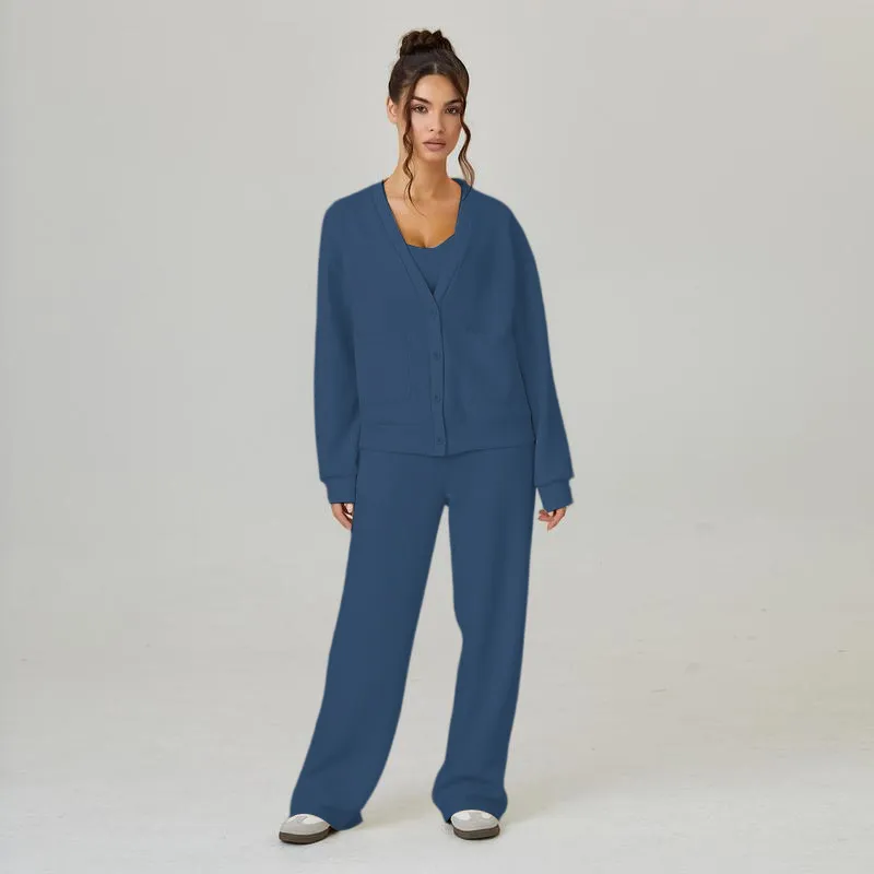 Women's Slouchy Solid Color V Neck Long Sleeve Button Cardigan & Drawstring Waist Trousers Co-ord