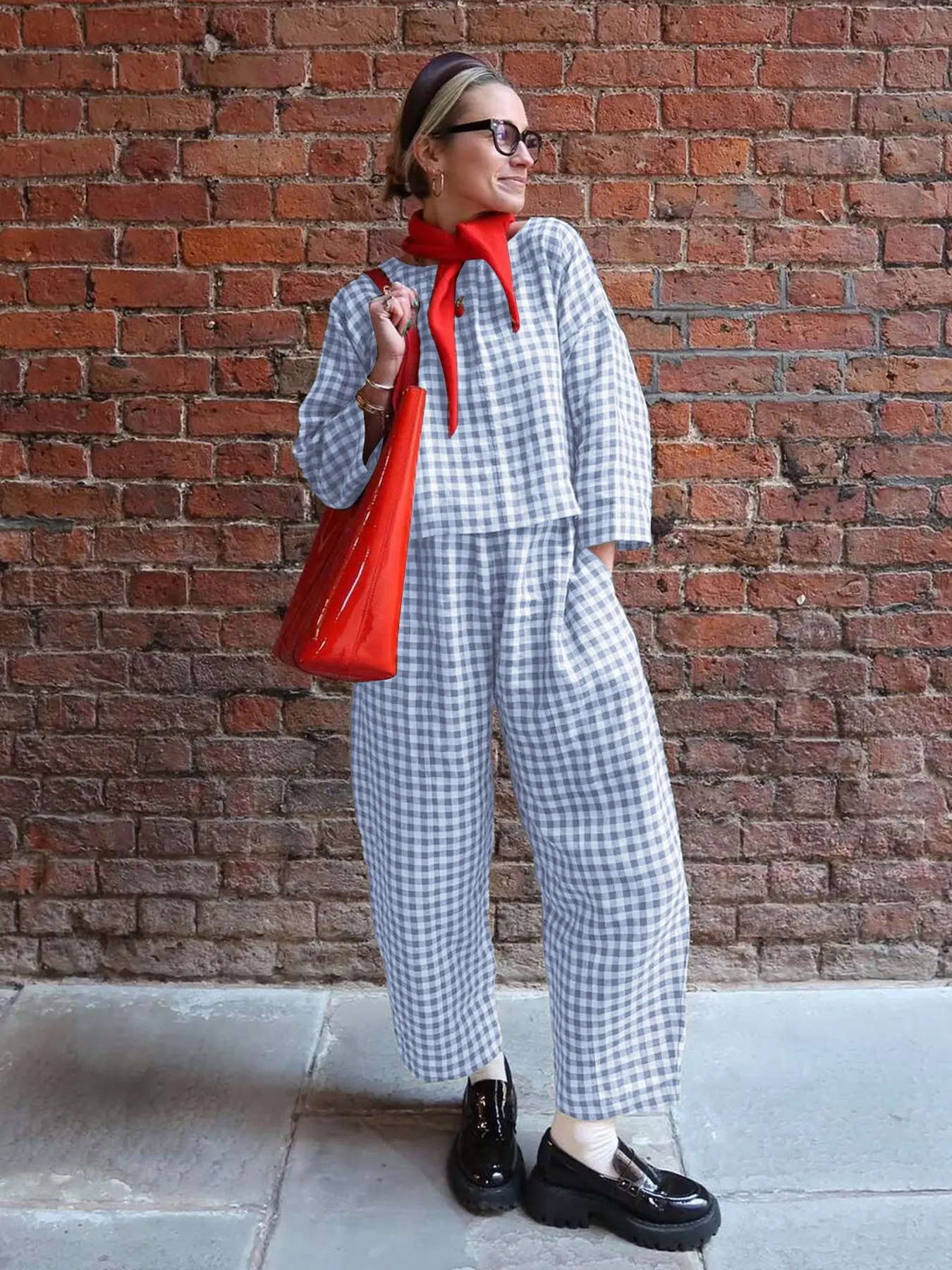 Women's Casual Woven Fabric Plaid Checkered Print Co-ord Set for Fall, Loose Fit Long Sleeve Top & Elastic Waist Wide Leg Pants Two-Piece Set