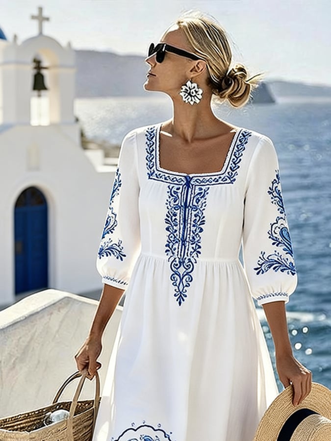 Women'S Casual Square Neck Printed Resort Dress- Fast Shipping