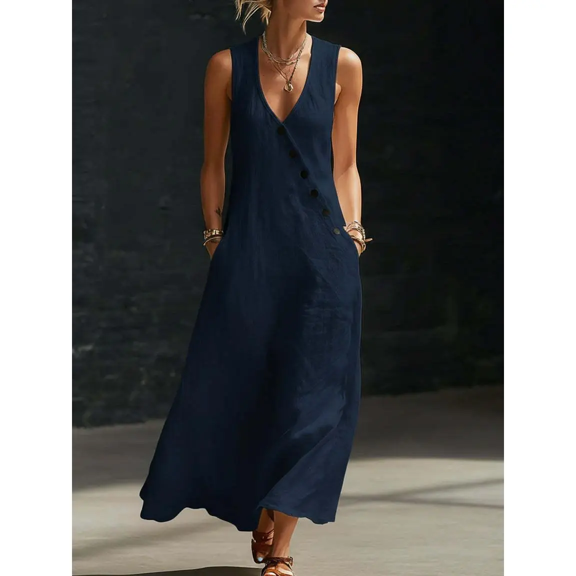 Perfect for Beach, Vacation & Brunch! Sleeveless V-Neck Button Detail Casual Dress with Pockets