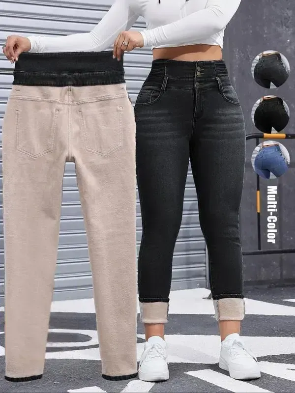 🔥6-PACK ONLY $24🔥Women's High Elasticity Fleece Lined Thick Denim Jeans🔥Final Day Clearance!🛒