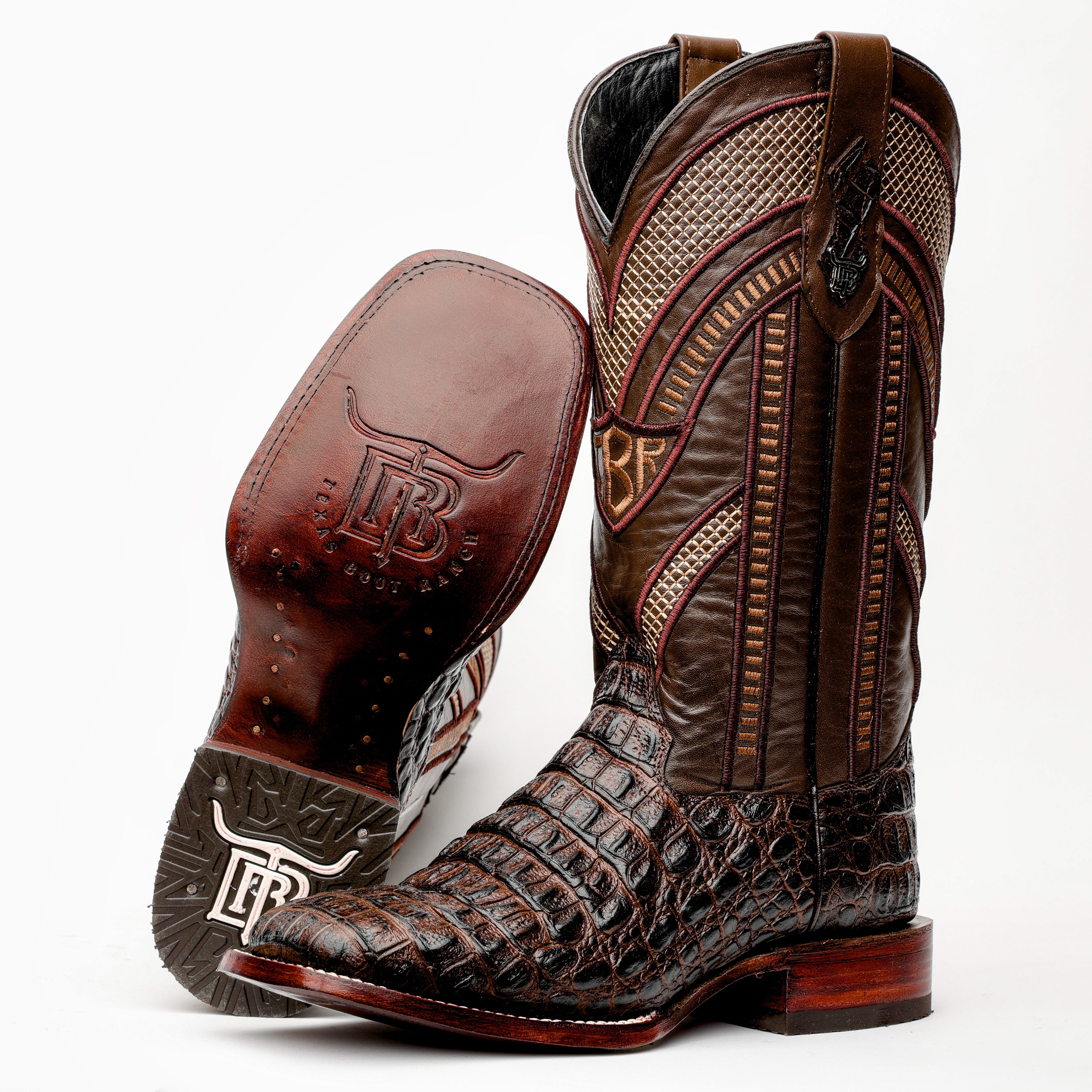 Brown Caiman Hornback Leather Boots - Square Toe