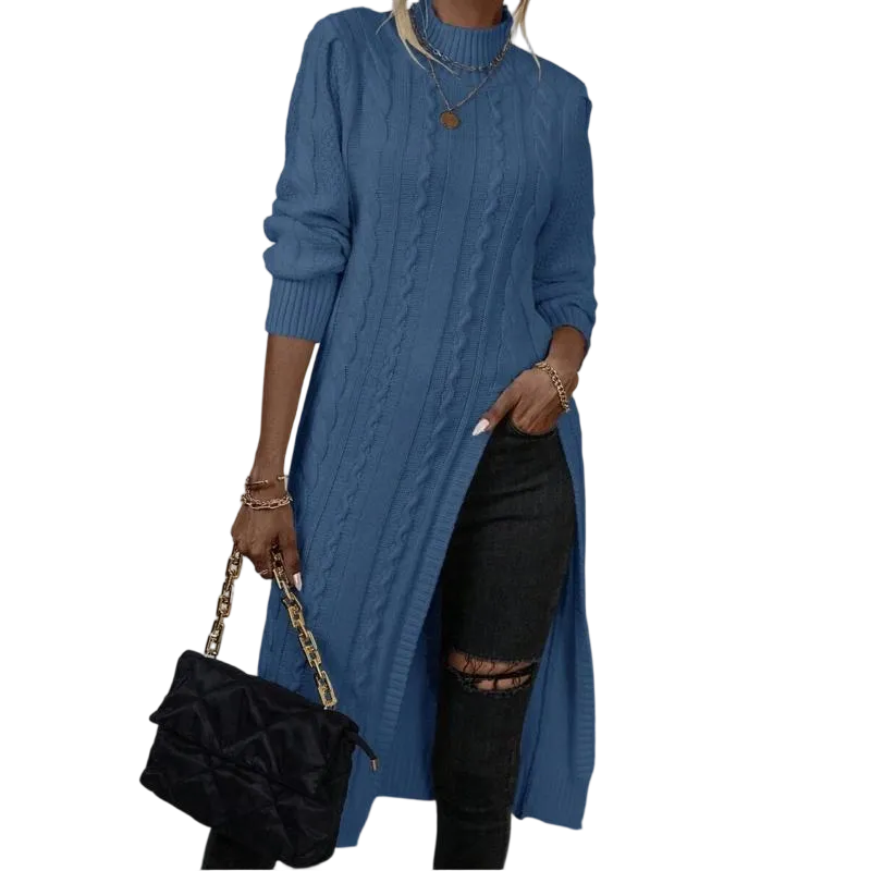 Sweater Mock Neck Split Hem Cable Knit Longline for Fall