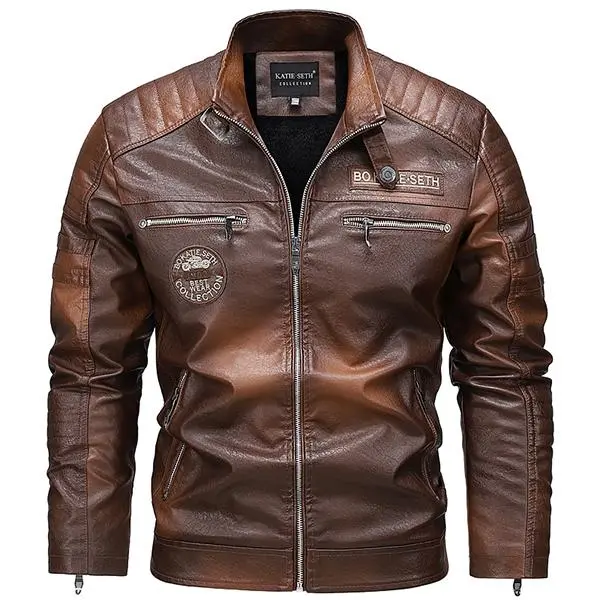 Men's Wine Red PU Leather Motorcycle Jacket - Quilted Details, Multiple Zippers