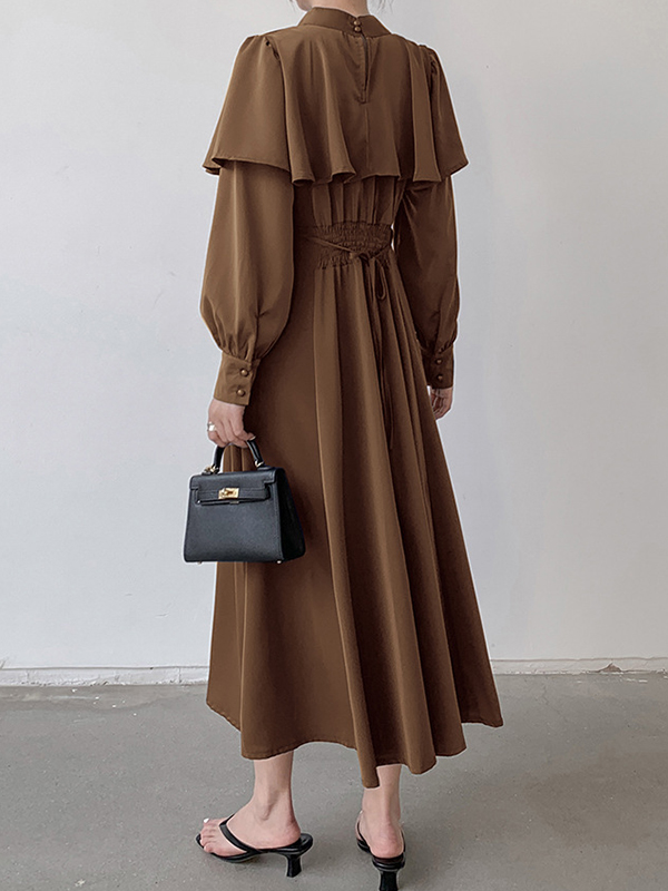 Ruffle Trim Solid Color Tied Waist A-Line Long Sleeves Mock Neck Midi Dresses