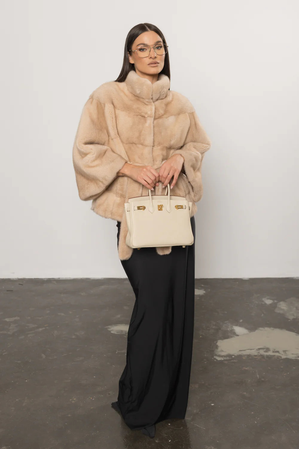 Haină din Blană Naturală de Vizon, cu Cordon, Femei, Pearl 405