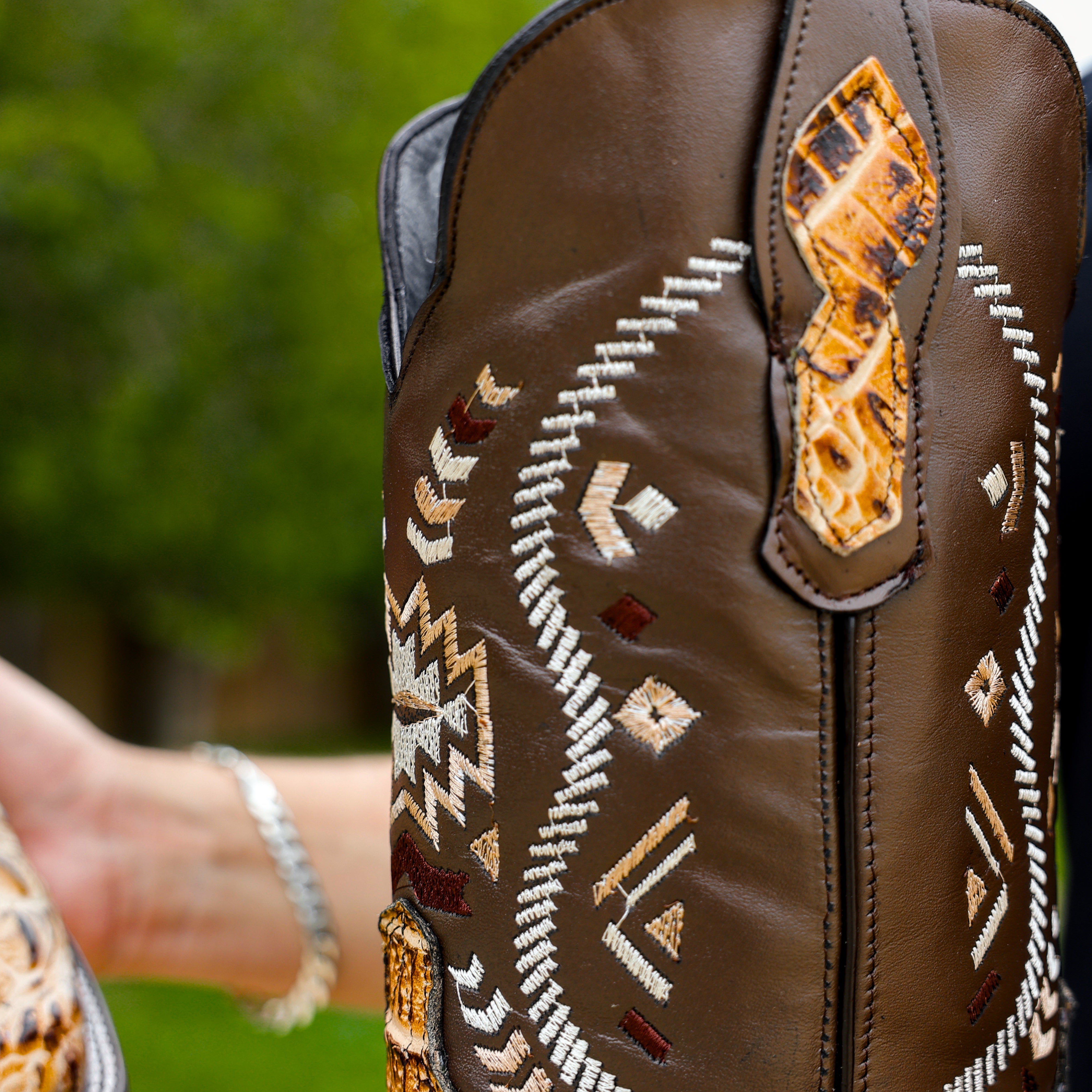 Bone Caiman Neck Leather Boots - Square Toe