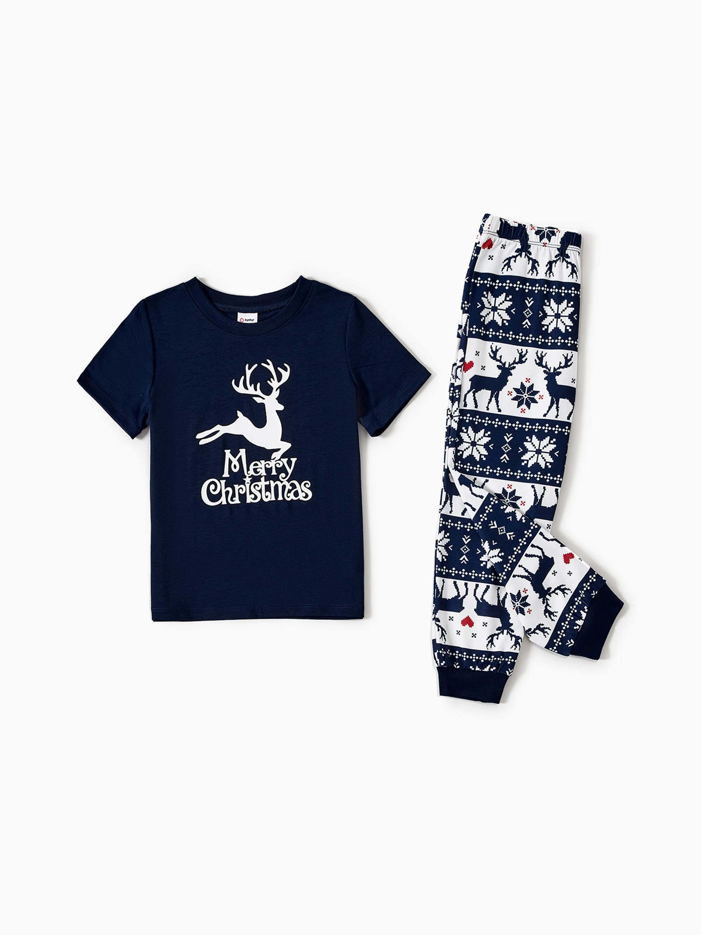 Christmas Reindeer Print Glow in the Dark Family Matching Pajamas Sets with Christmas Socks Deep Blue