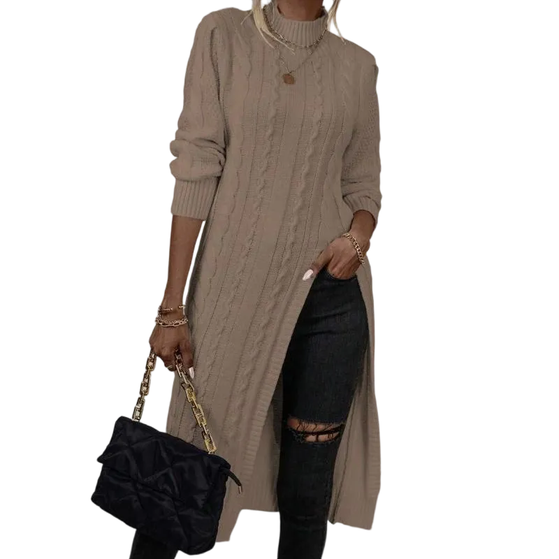 Sweater Mock Neck Split Hem Cable Knit Longline for Fall