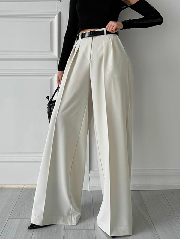 High Waisted Loose Pleated Solid Color Split-Joint Suit Pants Trousers