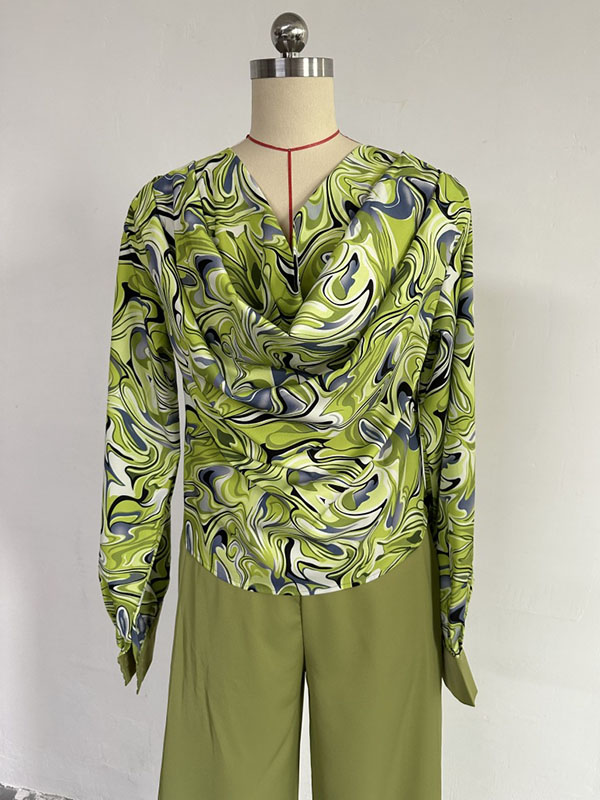 Printed Heaps Collar Long Sleeves Shirts Top + High Waisted Pants Bottom Two Pieces Set