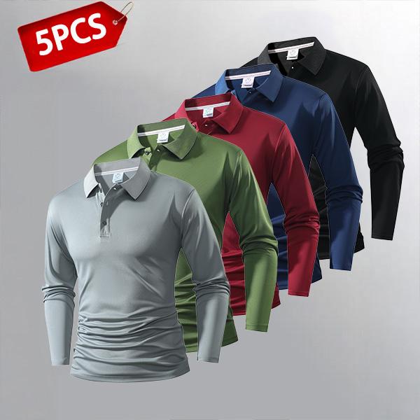 5-Piece Set Men's Long Sleeve Polos — Variety of Colors, Suitable for Everyday & Casual Wear Clothes Work White