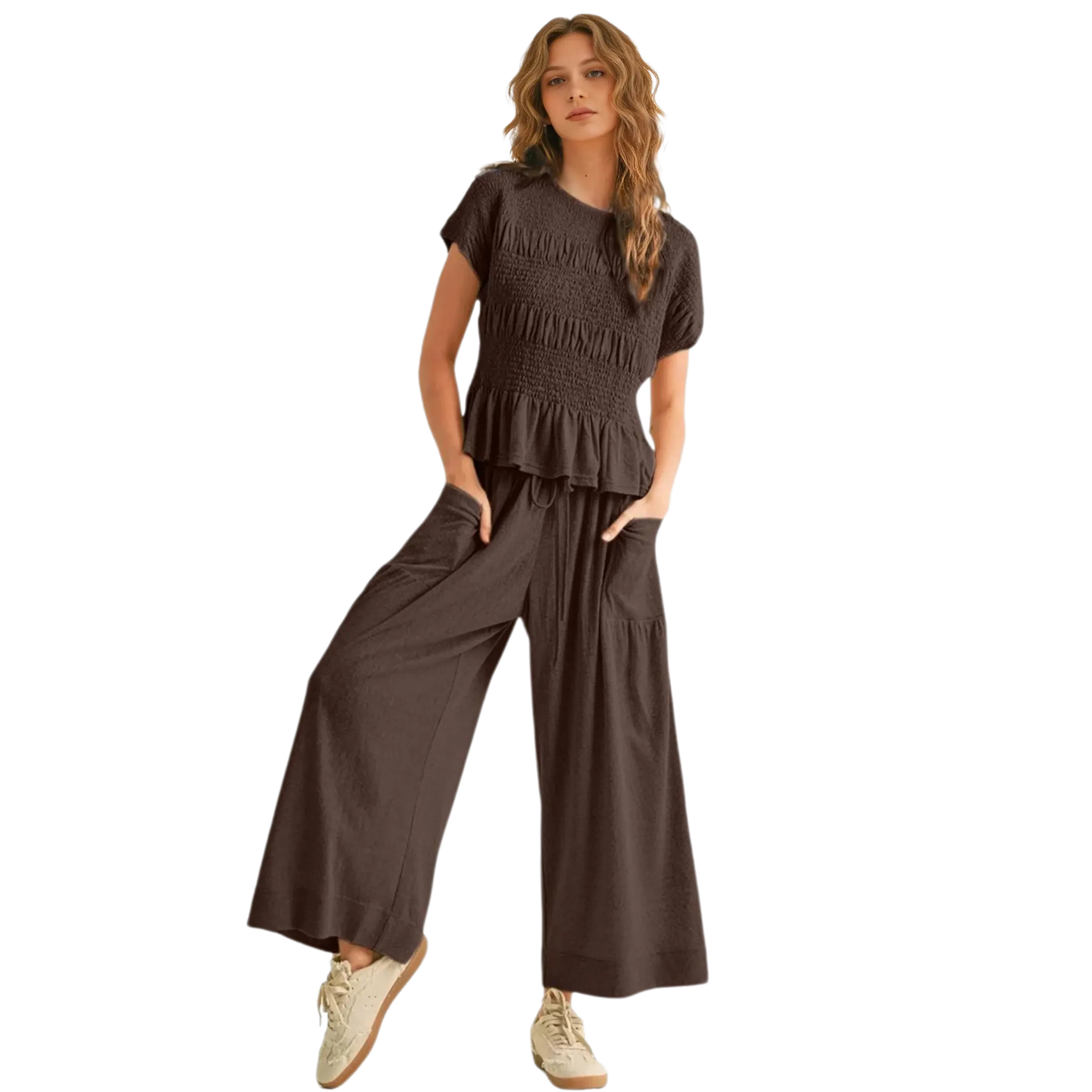 Women's 2-Piece Smocked Top & Wide-Leg Pants Set High-Waisted Lounge Outfit with Pockets Casual Boho Matching Set Minimalist Basic Kleinblue Crewneck Clothes Suits Fitted Trouser