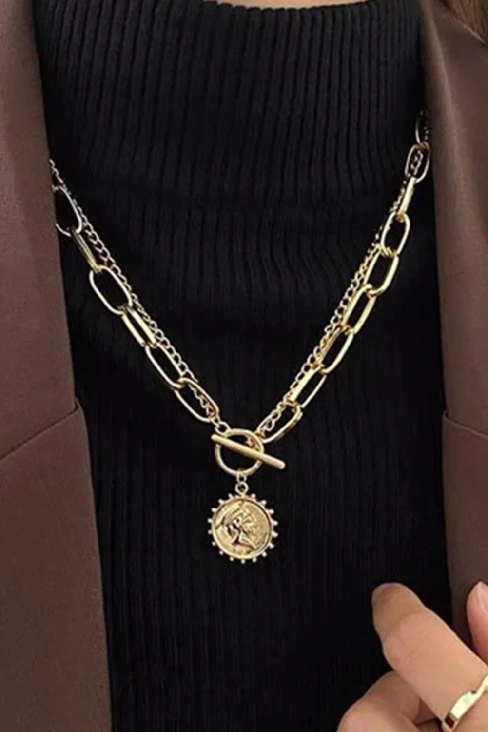 Gold Plated Vintage Carved Coin Pendant Chain Necklace