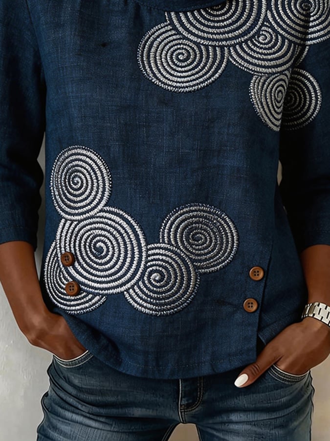 Women's Casual Round Neck Printed Cotton Linen Shirt- Fast Shipping