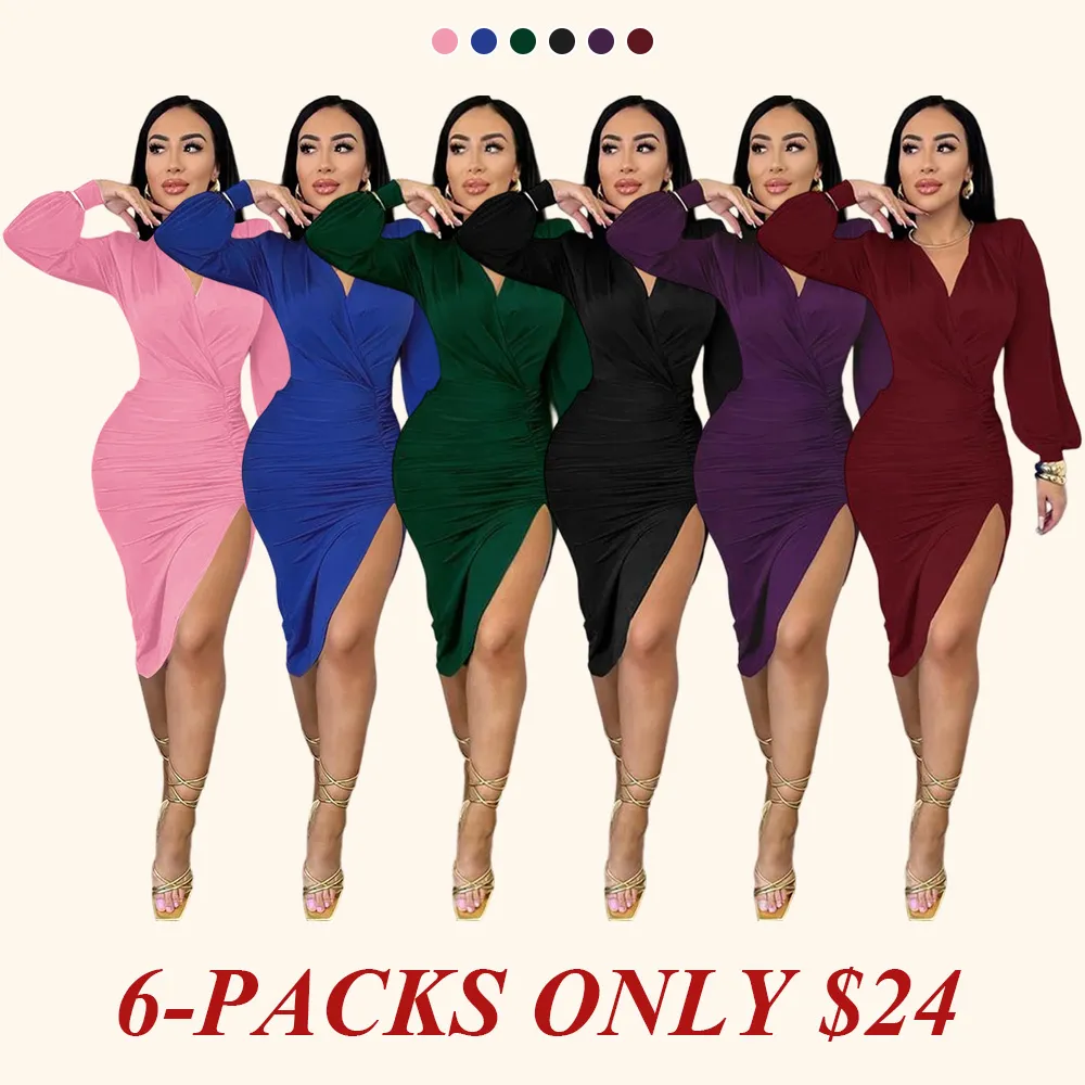 Women's Plain Ruched Wrap Split Thigh Bodycon Dress