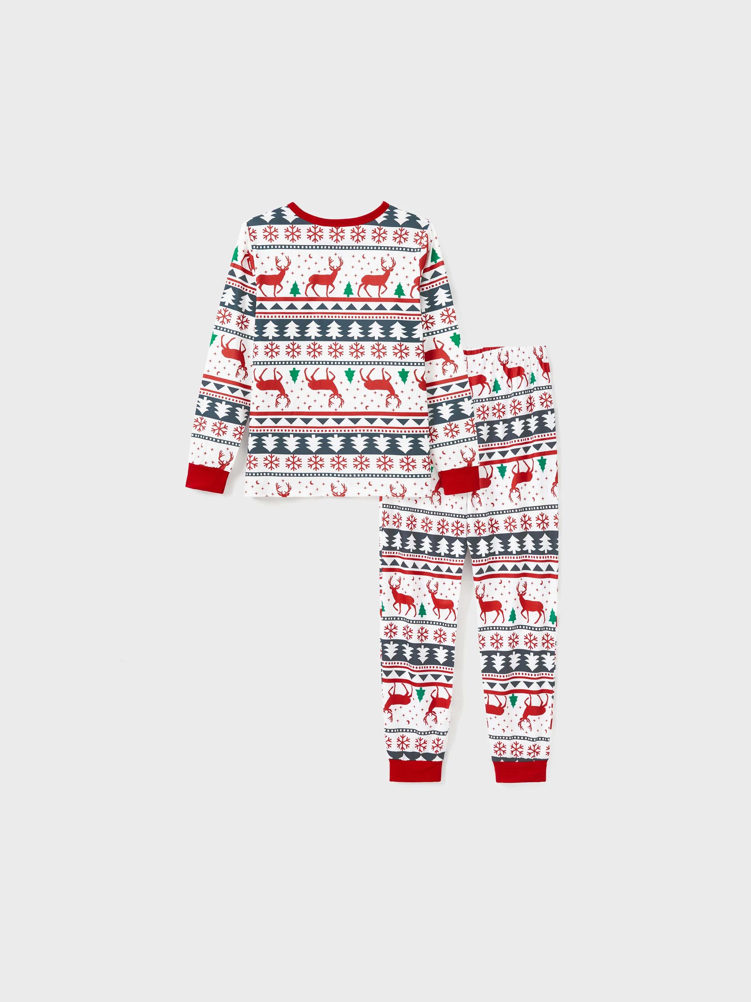 Family Christmas Pajamas All Over Reindeer Print Long-sleeve with Christmas Socks (SGS Certied Safety) Red+White