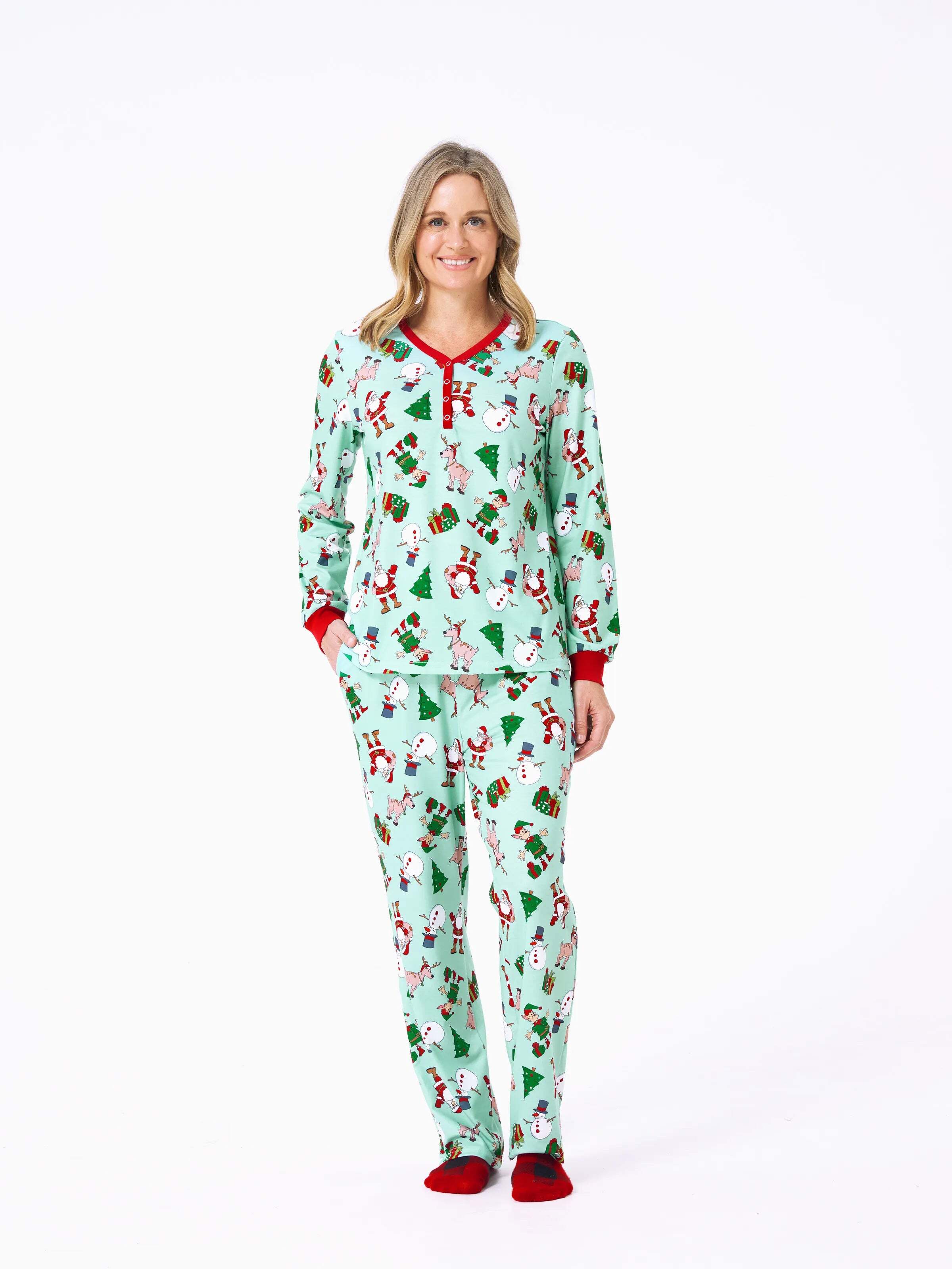 Christmas Matching Family Pajamas Set Reindeer Christmas-themed Print PJS with Christmas Socks Pale Green