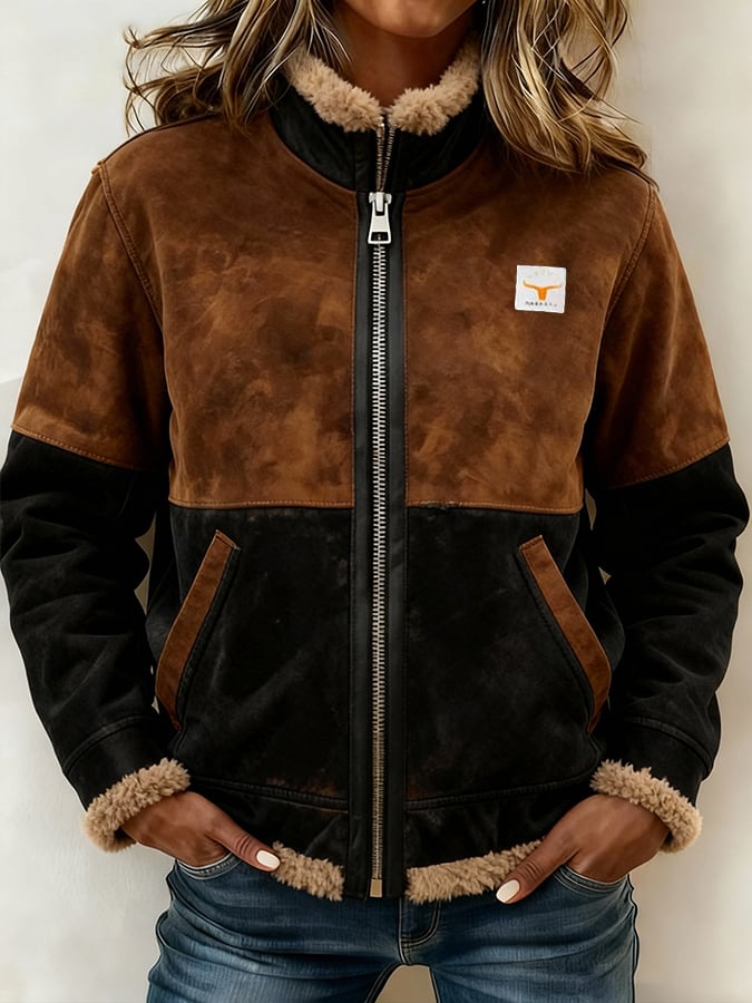 Women'S Casual Color-Blocked Fleece-Lined Warm Jacket