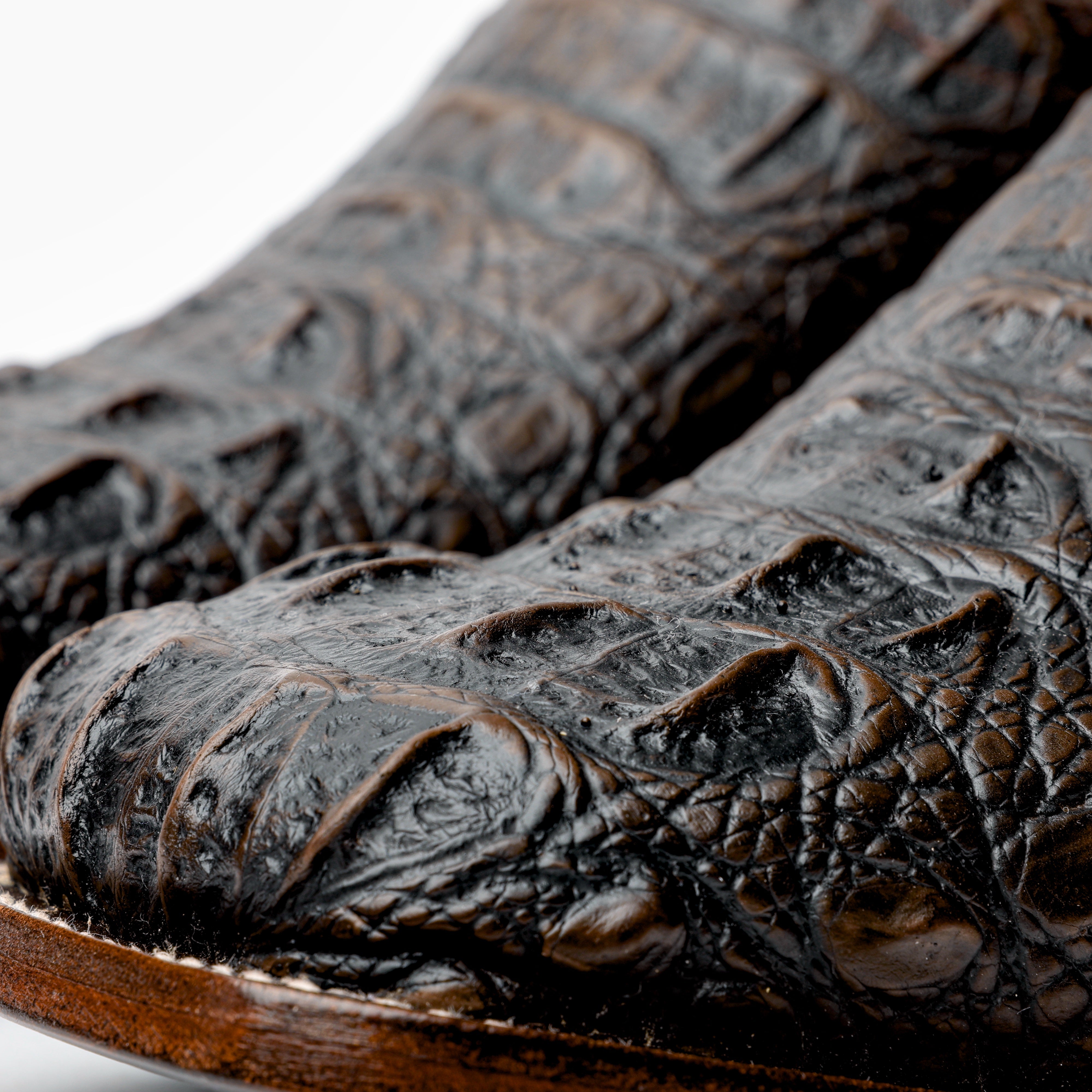 Dark Chocolate Caiman Neck Leather Boots - Square Toe