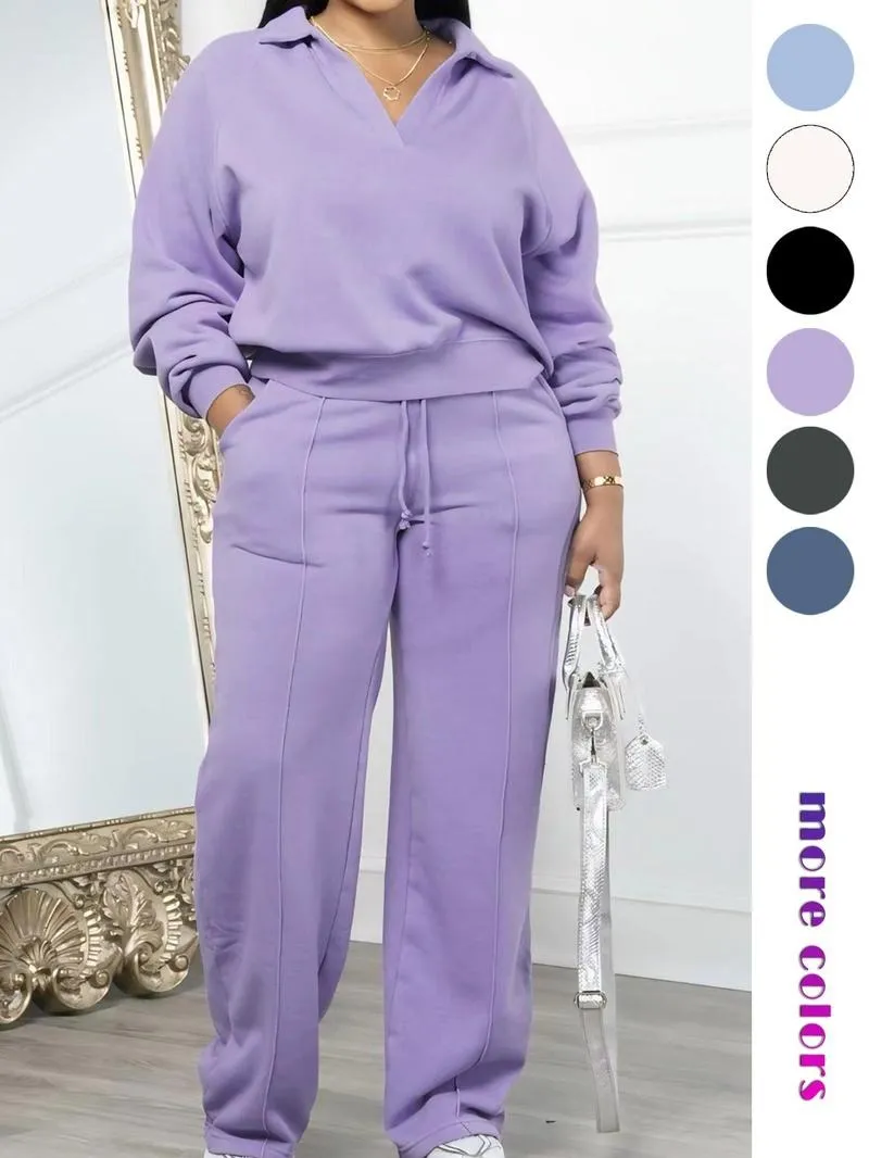 Women's Solid Long Sleeve Sweatshirt & Drawstring Waist Pants Set