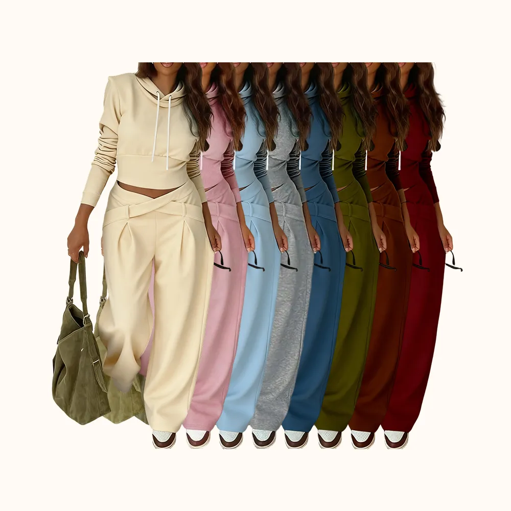 Women's Casual Hooded Sweatshirt Set, Long Sleeve Plain Pullover, Fitted Pants