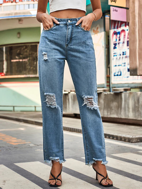 🛍️ Trendy Ripped Denim Pants Womens Casual High-Waist Jeans for Everyday Style ✨
