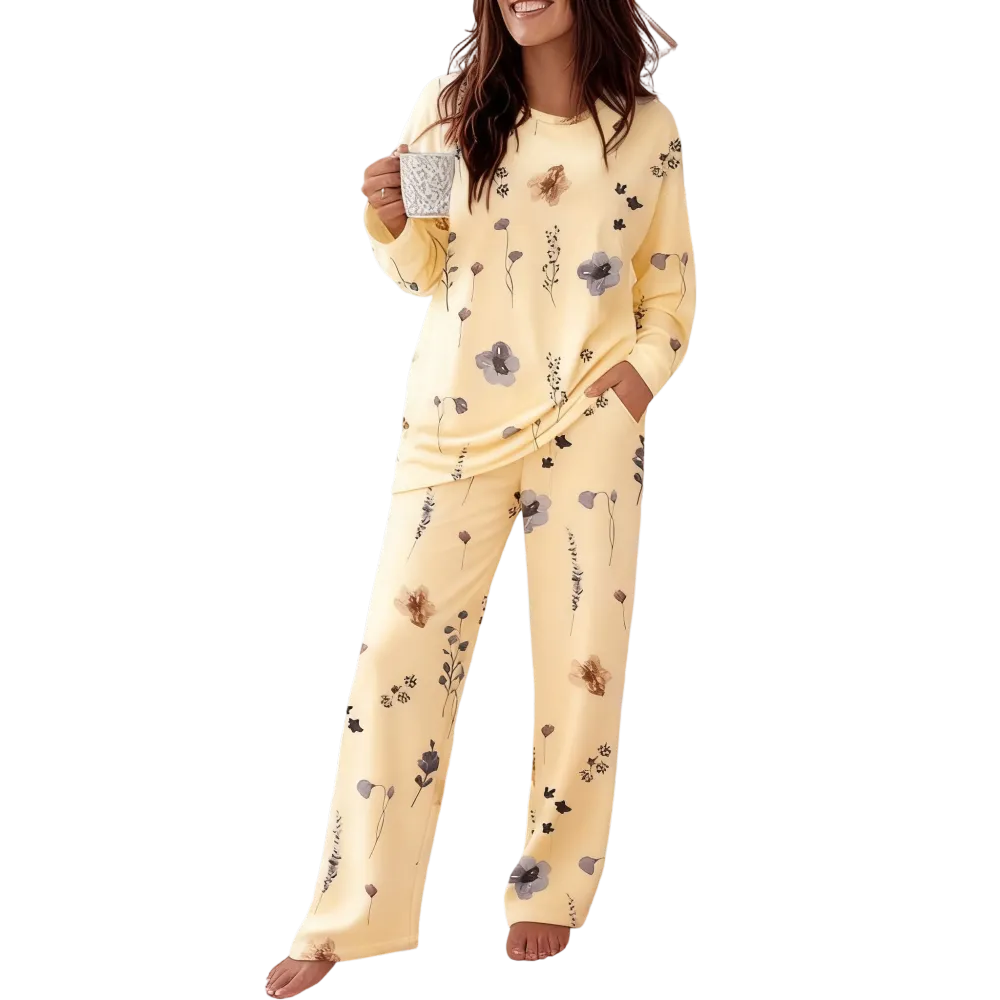 Women's Printed Crew Neck Long-Sleeved Top and Printed Trousers Set