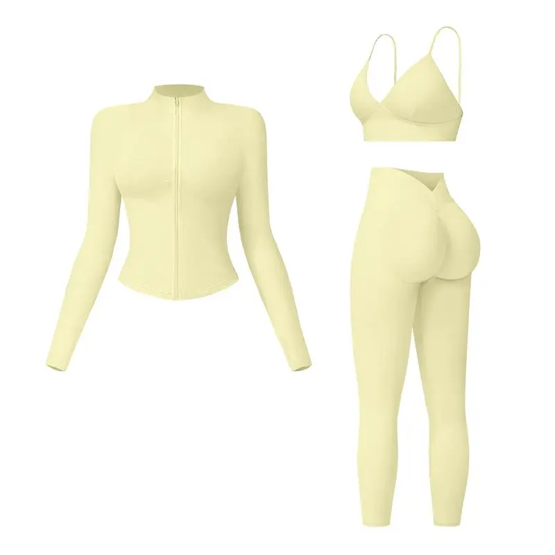 Women's Solid Criss Cross Crop Tank Top & High Waist Leggings & Zip Up Crop Jacket Tracksuit Set