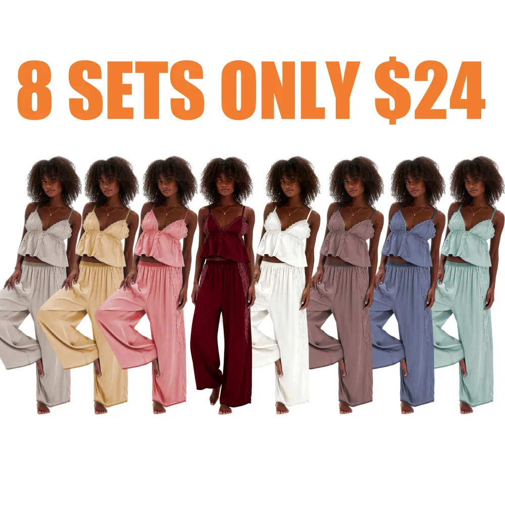 Women's Pajama Sets Lace Ruffled Cami Tops with Loose Pants