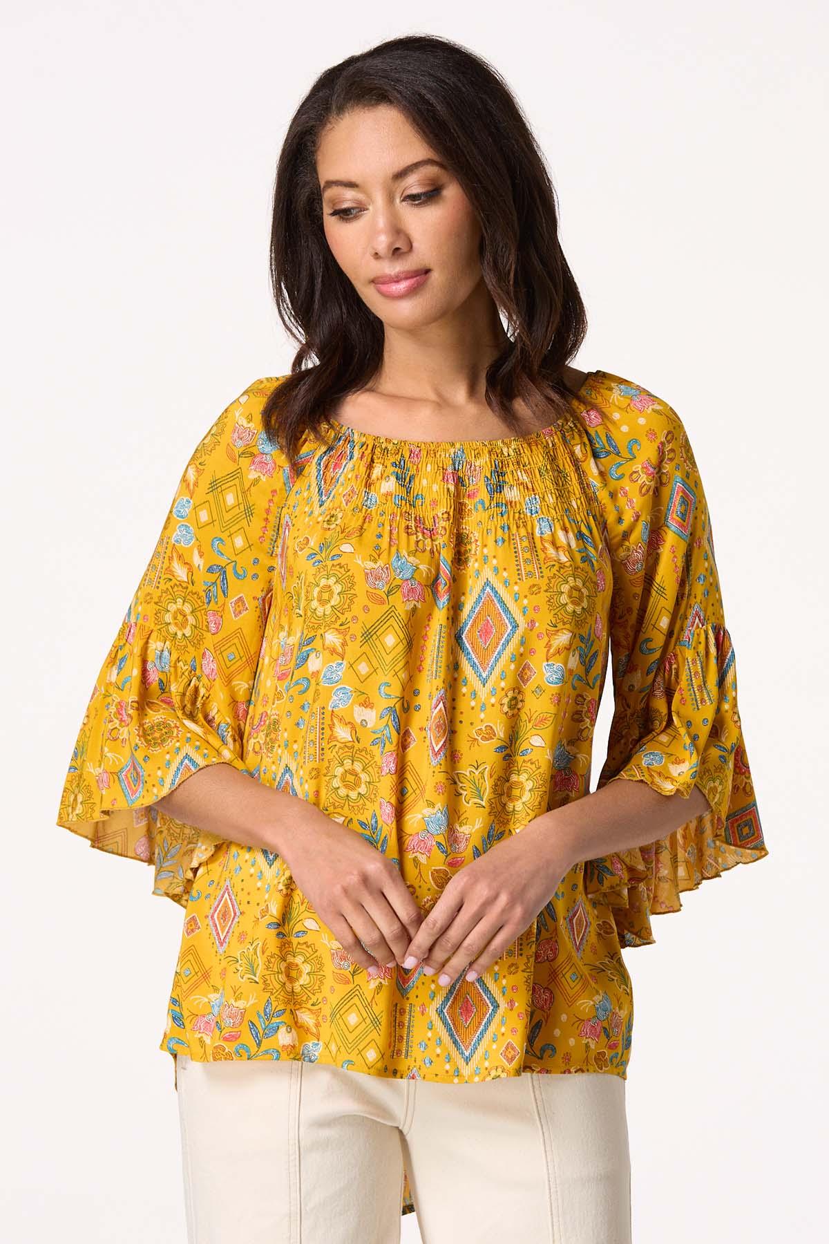 Yellow Aztec Floral Poet Top