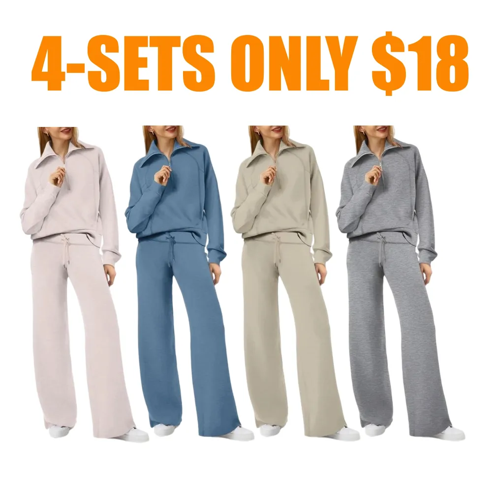 Women's Casual Set 2025 Collection Half-Zip Sweatshirt and Wide-Leg Pants