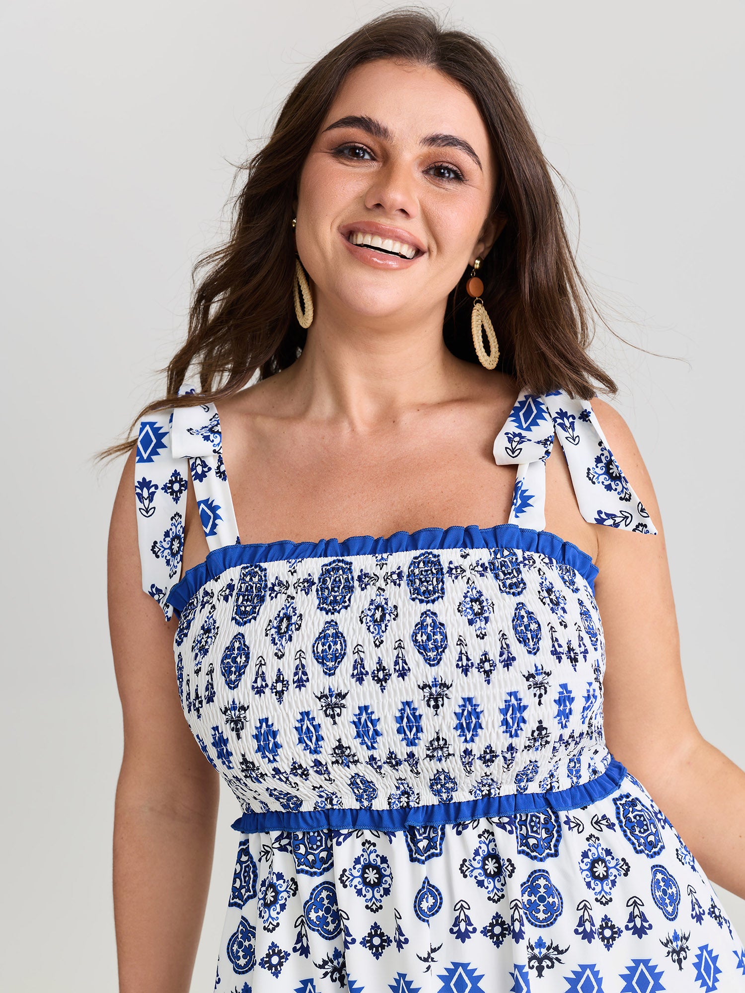 Geometric Boho Print Shoulder-Tie Contrast Maxi Dress