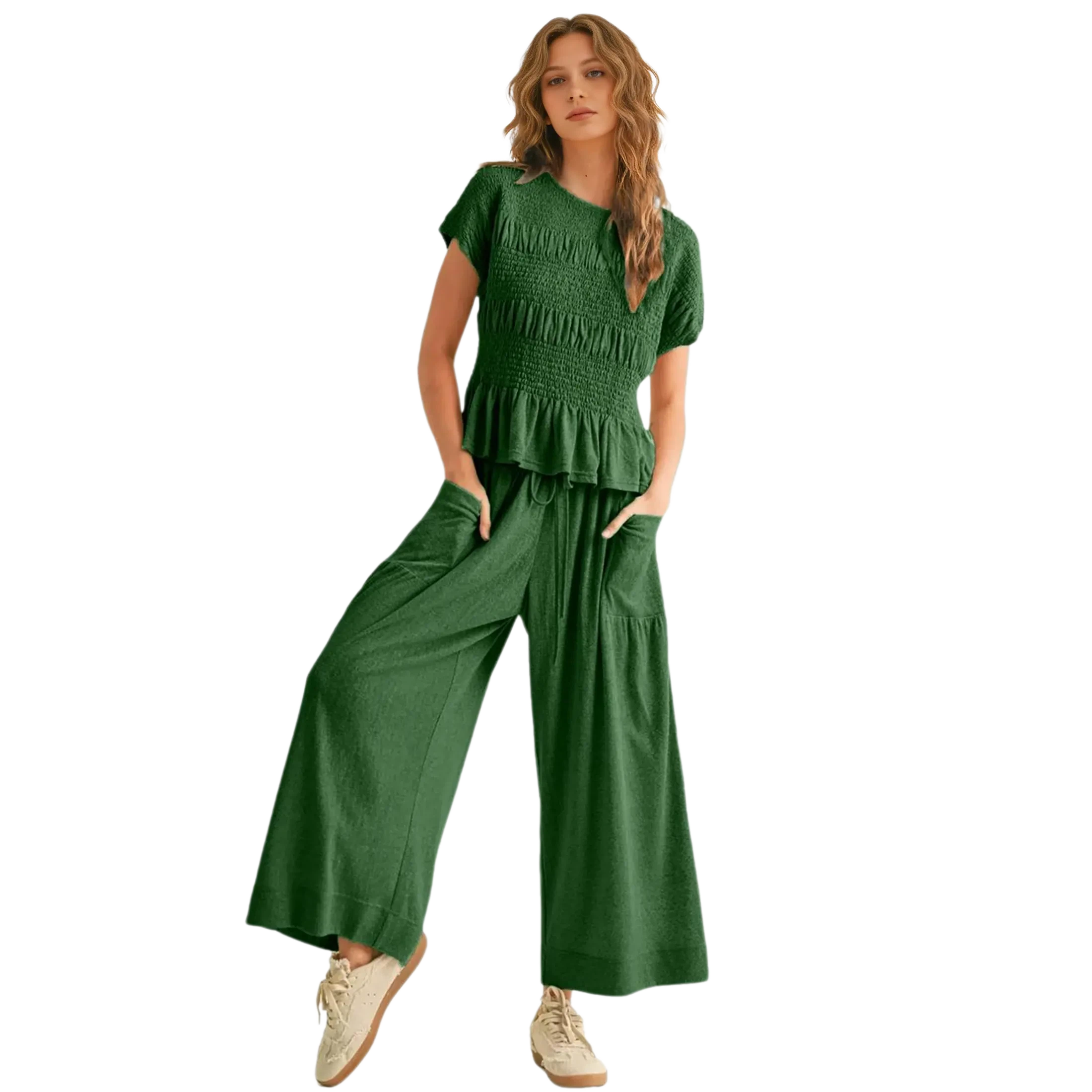 Women's 2-Piece Smocked Top & Wide-Leg Pants Set High-Waisted Lounge Outfit with Pockets Casual Boho Matching Set Minimalist Basic Kleinblue Crewneck Clothes Suits Fitted Trouser