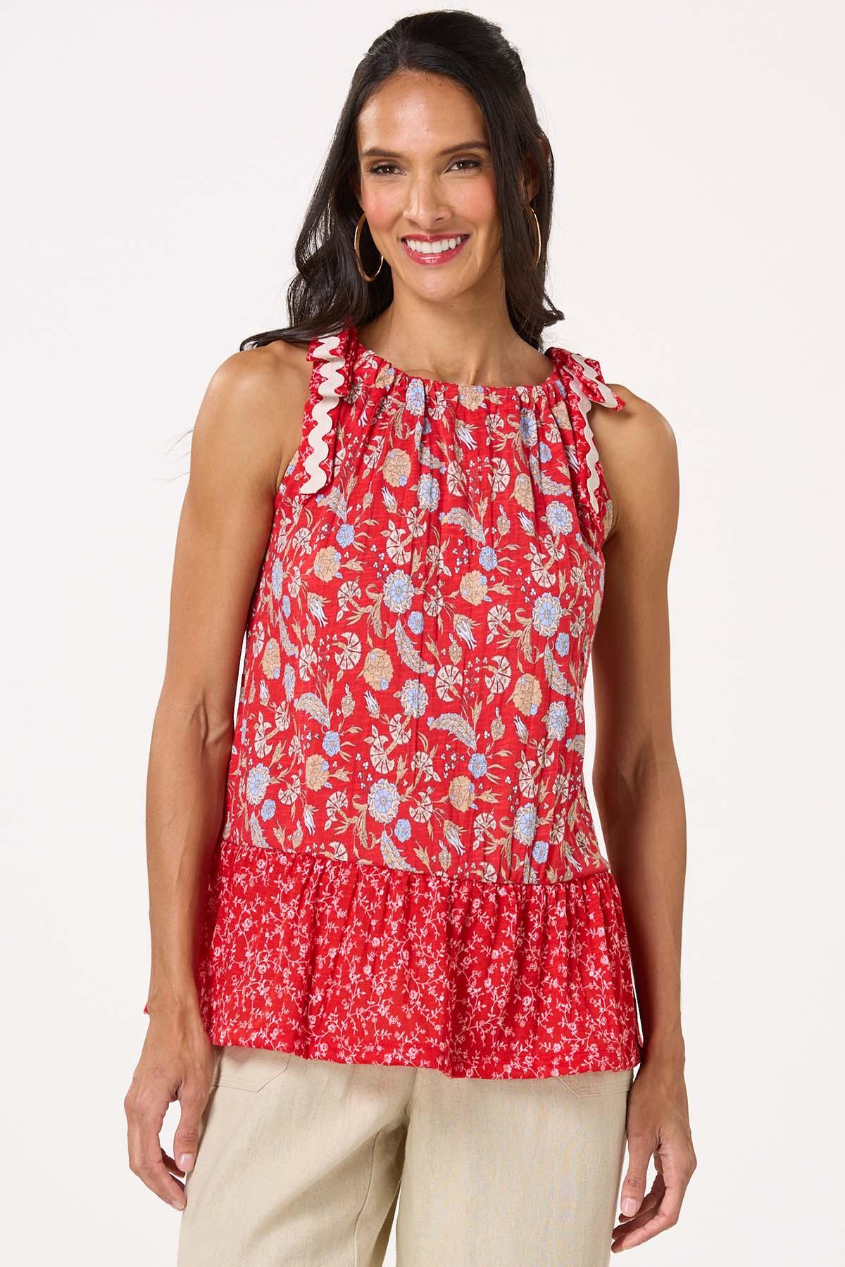 Floral Ric Rac Tie Shoulder Tank