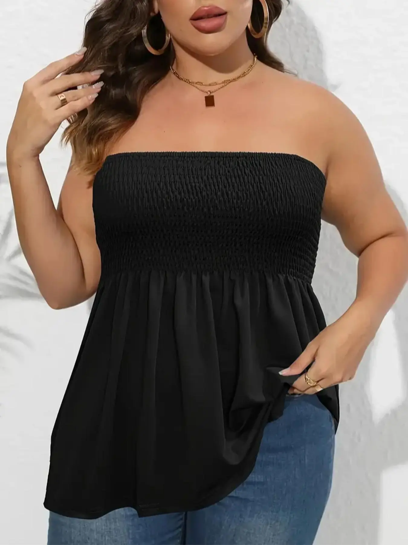 🔥🔥6 PACKS $24|Plus Size Solid Ruffle Hem Shirred Tube Top