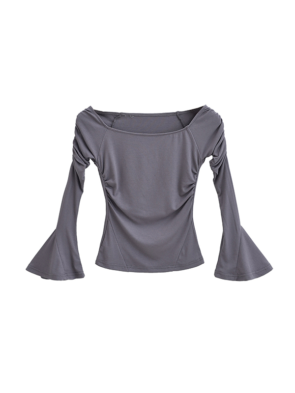 Pleated Solid Color Flared Sleeves Long Sleeves Boat Neck T-Shirts Tops