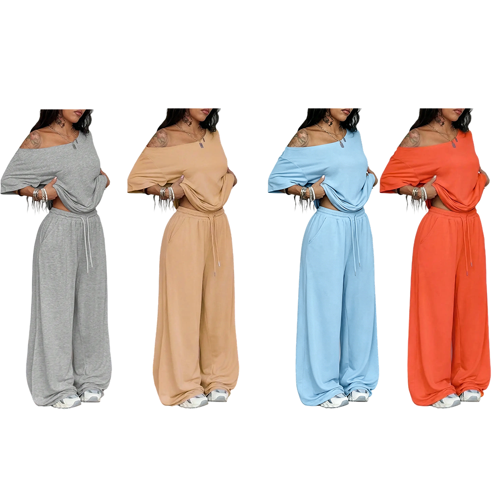 Women's Minimalist Basic Daily Wear Casual Going Out Sport Comfortable Off Shoulder T-Shirt And Wide Leg Pants Two Pieces Outfits