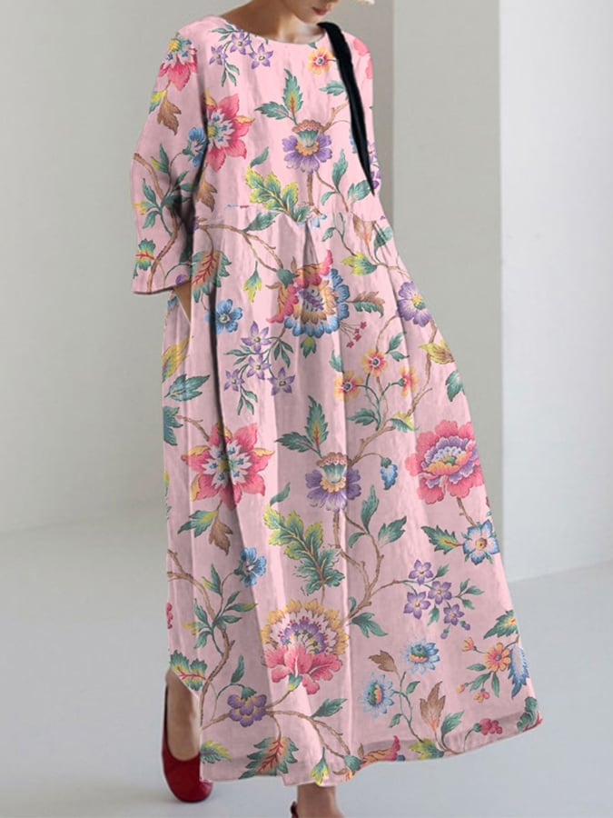Women's casual cotton and linen floral dress- Fast Shipping